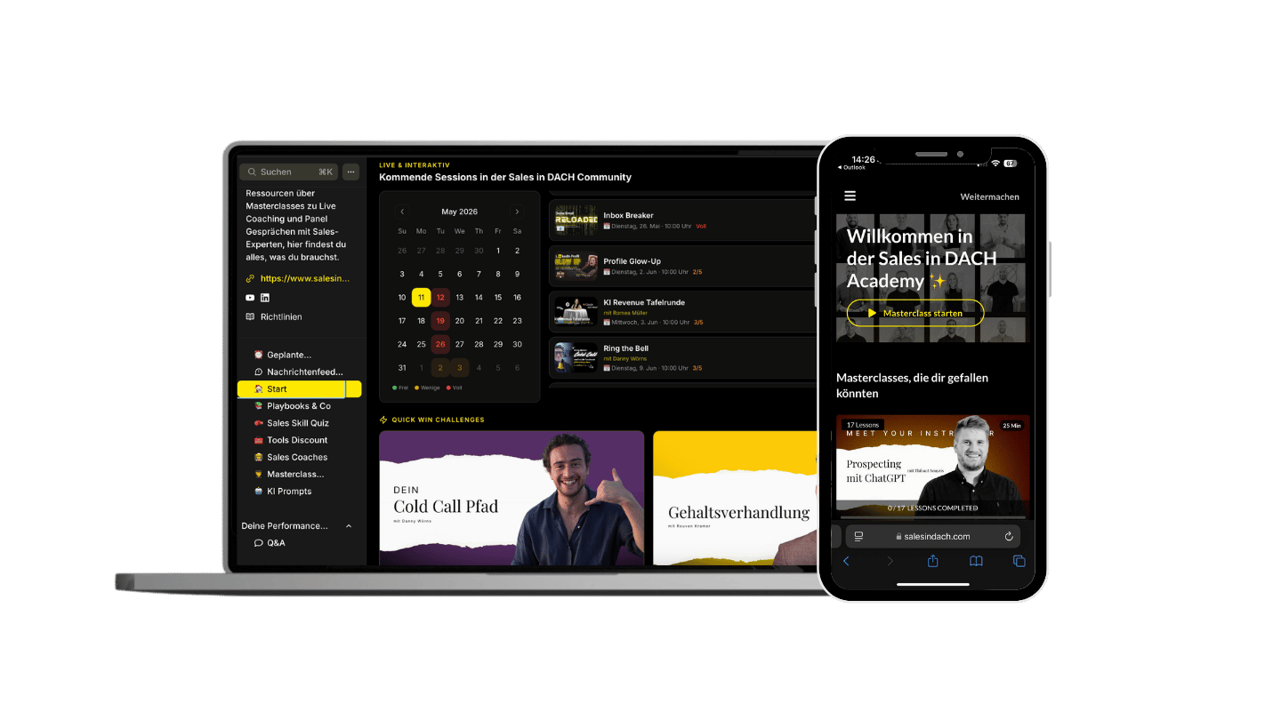 Die Sales in DACH Plattform auf Laptop und Smartphone: Community, Live-Sessions und Masterclasses